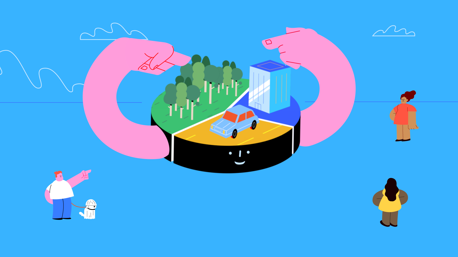 Illustratie: mensen kijken toe hoe twee handen het land verdelen in natuur, weg en bebouwing