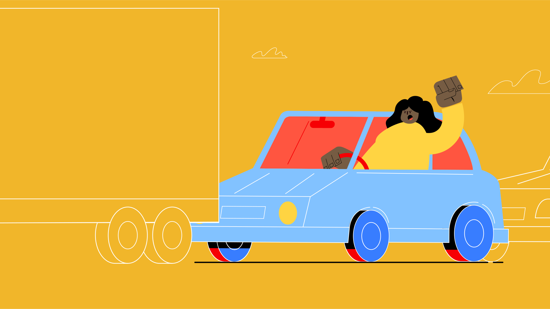 Illustratie: een boze automobilist in de file achter een vrachtwagen
